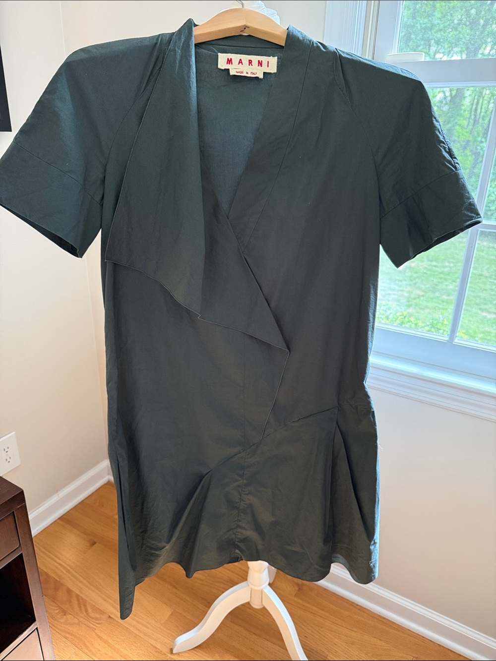 MARNI 🇮🇹 Olive Green Light Cotton Cap Sleeve Ruffle Dress Size 42